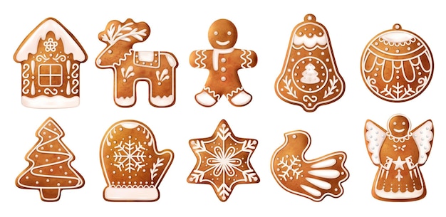 L'icona realistica dei biscotti di pan di zenzero di natale ha impostato dieci biscotti di forme diverse decorati con l'illustrazione bianca di vettore della glassa