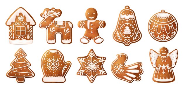 リアルなクリスマスジンジャーブレッドクッキーアイコンは、白いアイシングベクトルイラストで飾られたさまざまな形の10個のクッキーを設定します
