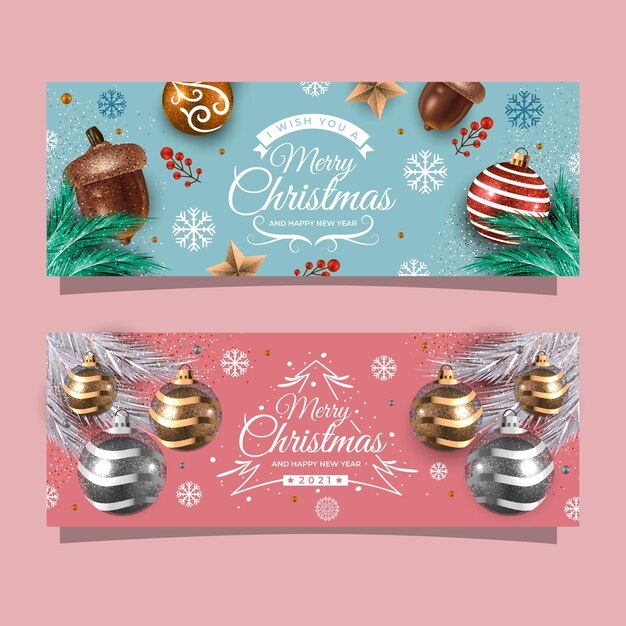 Realistic christmas horizontal banners set