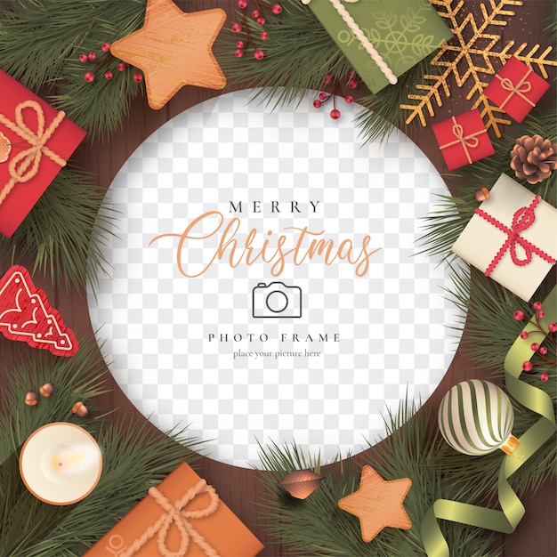 Free vector realistic christmas photo frame with presents