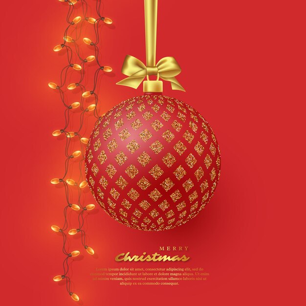 金色の弓と花輪が付いたリアルなクリスマスの赤い安物の宝石。クリスマス休暇の背景の装飾的な要素。ベクトルイラスト。