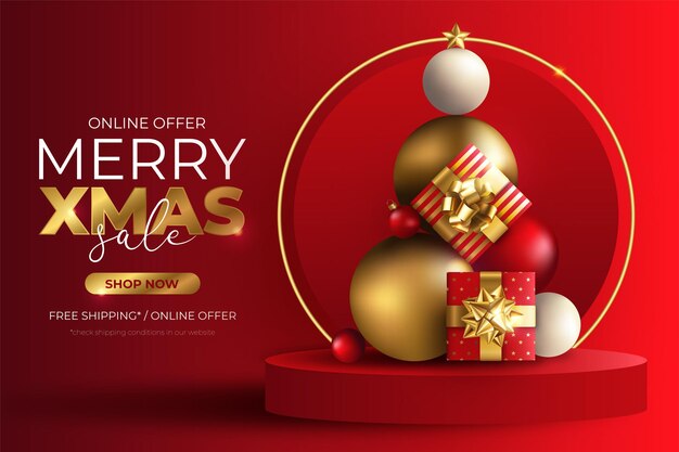 Realistic Christmas Sale background with ornaments and podium