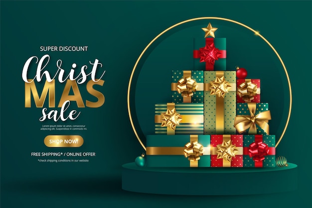 Realistic christmas sale background with ornaments and podium