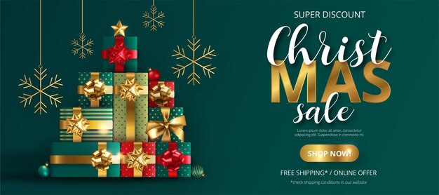 Realistic christmas sale background with presents and ornaments