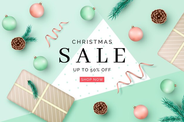 Realistic christmas sale banner in pastel colors