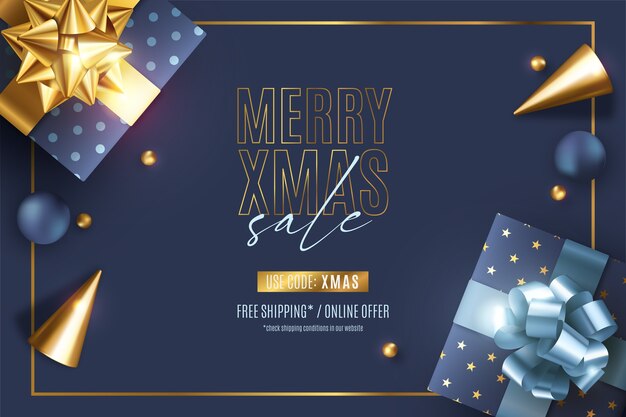 Realistic christmas sale banner with elegant ornaments