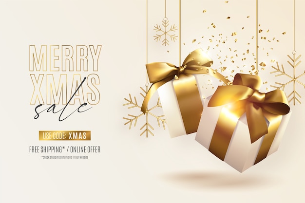 Realistic christmas sale banner with golden presents