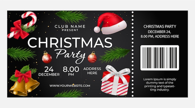 Realistic christmas season party ticket template