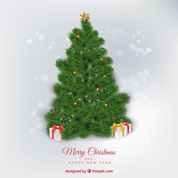 Realistic christmas tree background and gifts
