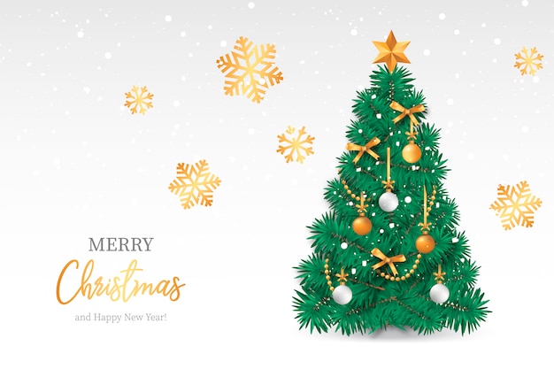 Realistic christmas tree with snowy background
