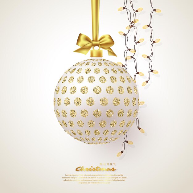 Realistic Christmas white bauble with golden bow and garland. Decorative elements for Christmas holiday background. Vector illustration.