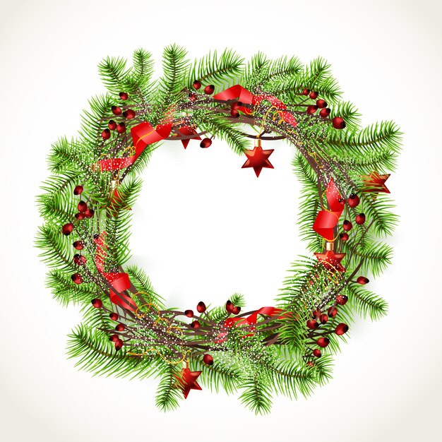 Realistic christmas wreath with red ornaments
