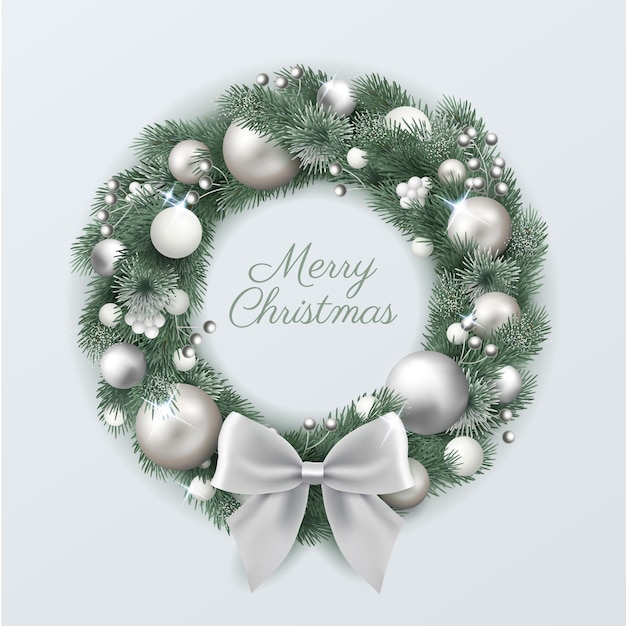 Бесплатное векторное изображение Реалистичный рождественский венок с серебряными украшениями