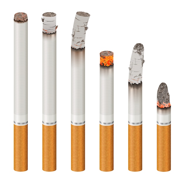 Realistic cigarettes set stages of burn