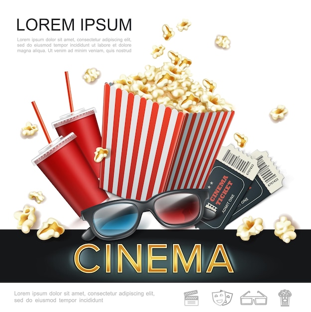 Free vector realistic cinema colorful template with soda in paper cup popcorn in red striped bucket tickets 3d glasses illustration