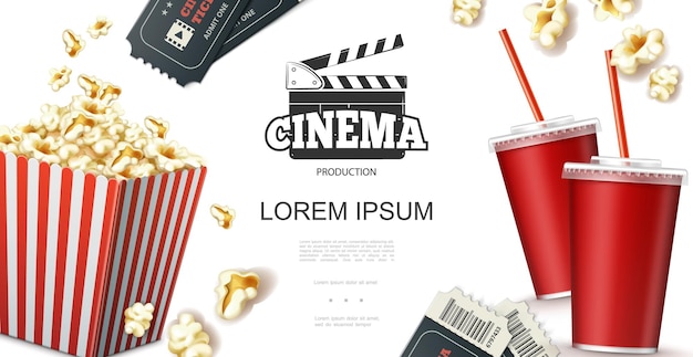 Realistic cinema elements concept with soda in paper cup tickets clapperboard and popcorn in red