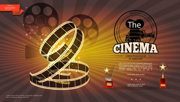 Realistic cinematography bright with film reels camera filmstrip and cinema awards illustration