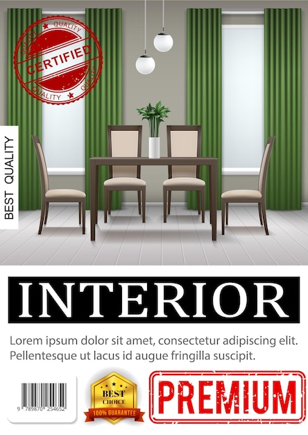 Free vector realistic classic home interior poster with chairs near table houseplant green curtains lamps parquet floor