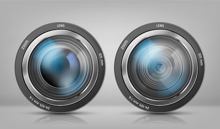 Free Vector realistic clipart with two camera lenses, photo objectives with zoom 