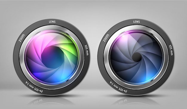 realistic clipart with two camera lenses, photo objectives with zoom