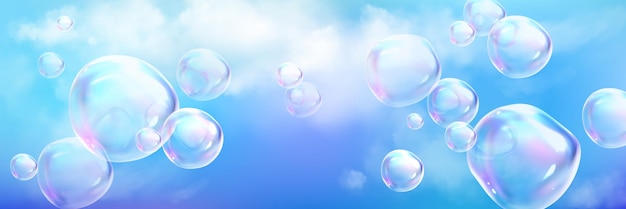 無料ベクター リアルな雲の背景とイリデッセンスガラスの泡 3dドリームスペクトル ソープの泡の球 雲の空気で吹く ふわふわなテクスチャデザイン イラスト 太陽の青い空間とカミュルス 自然の霧