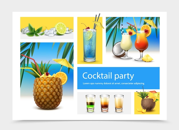 Реалистичная концепция коктейльной вечеринки с голубой лагуной, текила, восход солнца, пина колада, коктейли, алкогольные напитки, листья мяты, кубики льда, лайм