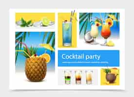 Free vector realistic cocktail party concept with blue lagoon tequila sunrise pina colada cocktails alcoholic shot drinks mint leaves ice cubes lime