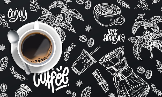 Realistic coffee background with drawings