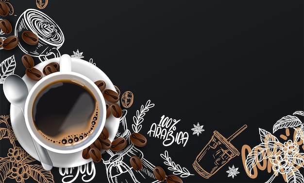 Realistic coffee background with drawings
