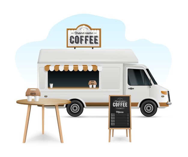 Vettore gratuito modello realistico del camion di cibo della caffetteria con l'illustrazione di vettore del tabellone del menu e della tavola