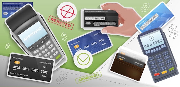 Free vector realistic collage with credit debit cards payment terminals wallet on colour background vector illustration
