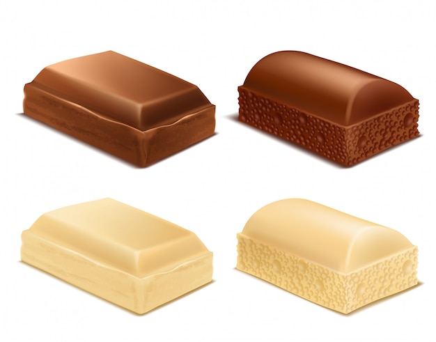 Collezione realistica di pezzi di cioccolato, barrette di latte marrone e bianco