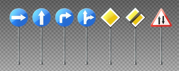 Free vector realistic collection of warning and information road signs showing directions