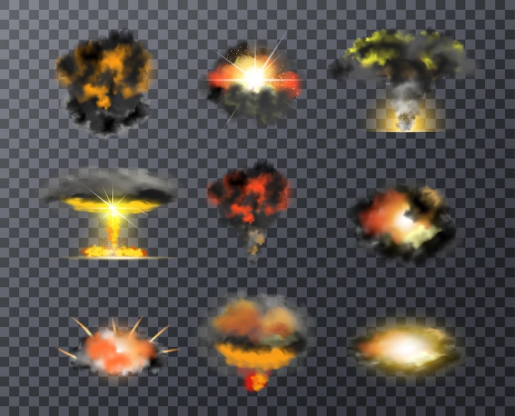 Free Vector realistic color bomb explosions of different shapes isolated on transparent background vector illustration