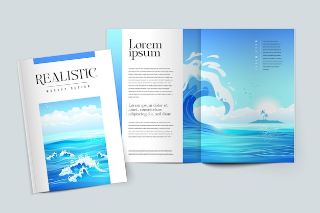 海洋テーマイラストの雑誌の表紙のリアルな色のモックアップデザイン