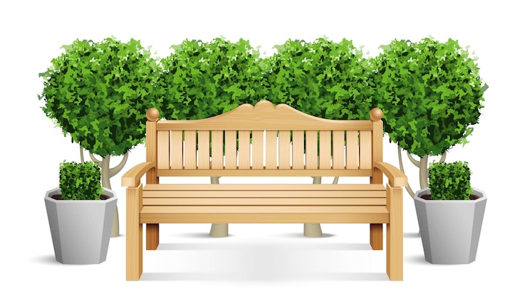 Free Vector realistic colored park bench composition wooden bench with a carved back is placed on the outdoor vector illustration