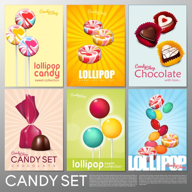 Realistic colorful candy shop brochures set with chocolate sweet products