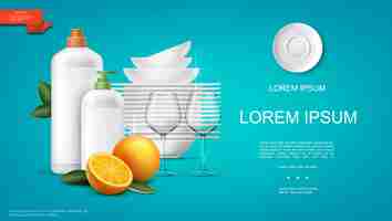 Free vector realistic colorful dishwashing template with bottles of detergent clean glasses plates orange and mint leaves on blue background  illustration