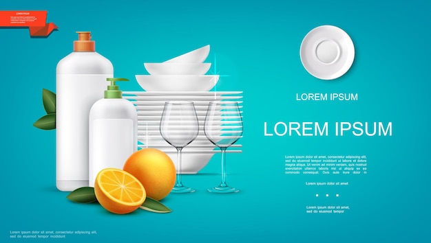 Бесплатное векторное изображение Реалистичный красочный шаблон для мытья посуды с бутылками моющего средства чистые стаканы тарелки апельсин и листья мяты на синем фоне иллюстрации