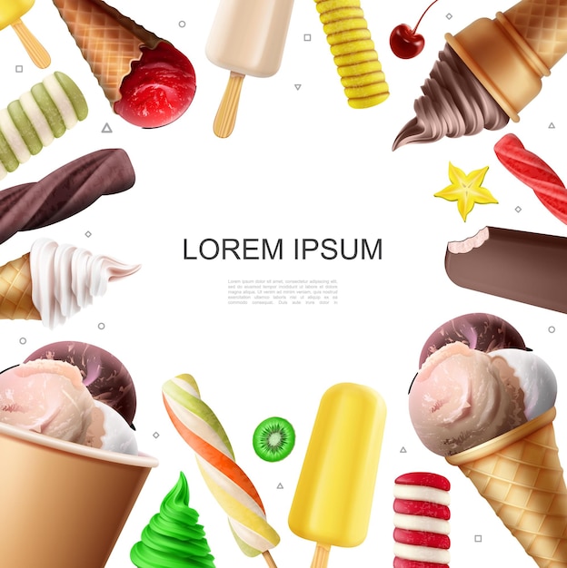 Realistic colorful ice cream template with chocolate caramel vanilla scoops fruit lollipop icecreams popsicle