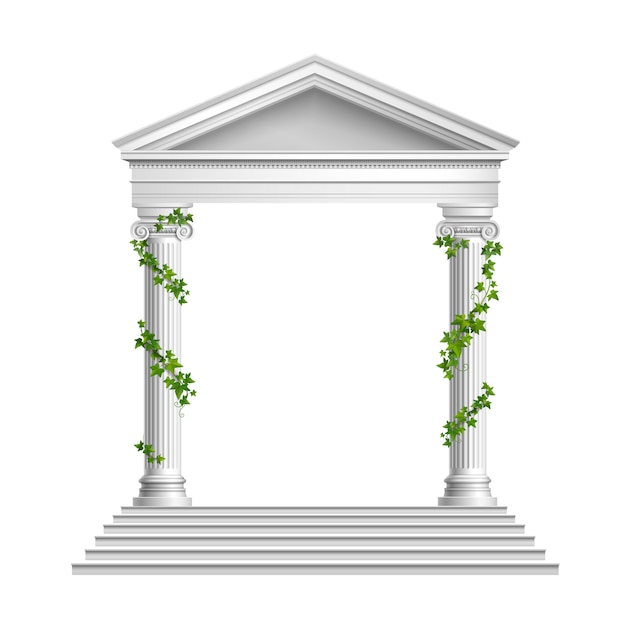 Free vector realistic columns decorated green leaves with roof and base with stairs composition on white