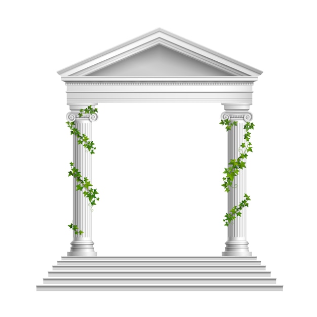 Реалистичные колонны украшены зелеными листьями с крышей и основанием с лестницей композиции на белом