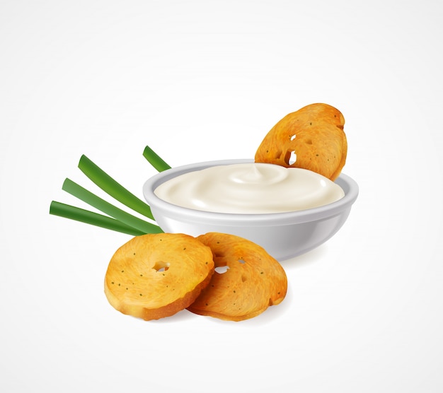 Free vector realistic composition with green onion and bowl of sour cream as flavoring additives for snacks  illustration