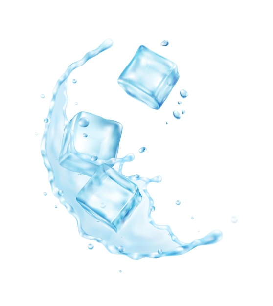 Реалистичная композиция с изображениями брызг воды с кубиками льда на пустой векторной иллюстрации фона
