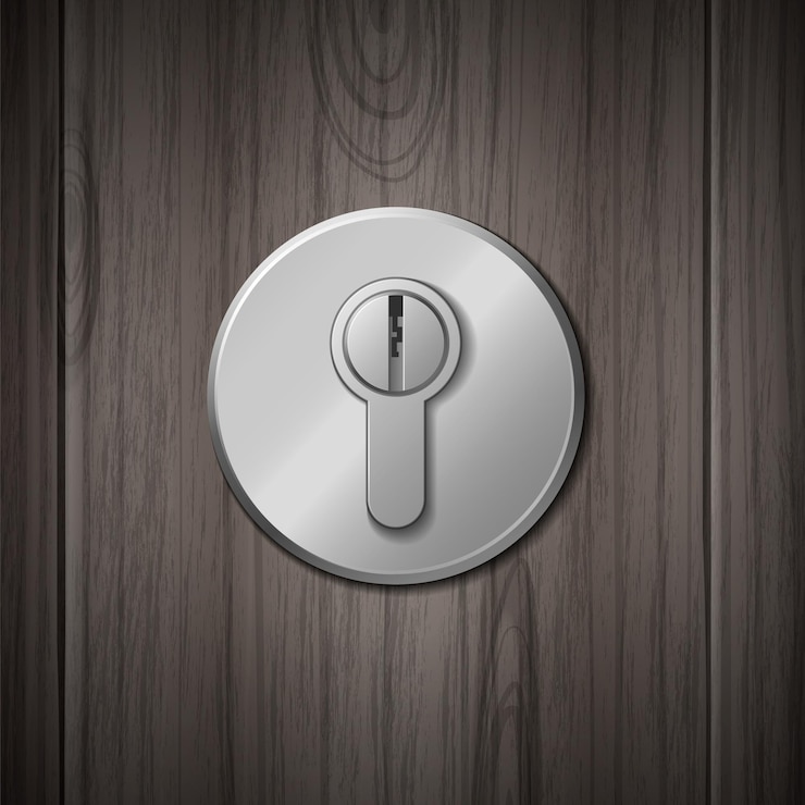 Free Vector realistic composition with metal key hole on wooden door background vector illustration