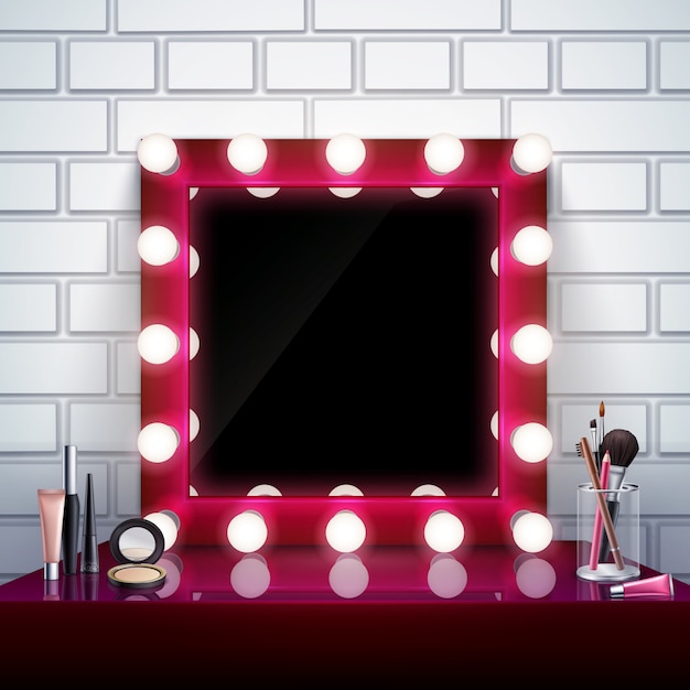 Free vector realistic composition with pink makeup mirror cosmetics and brushes on table vector illustration