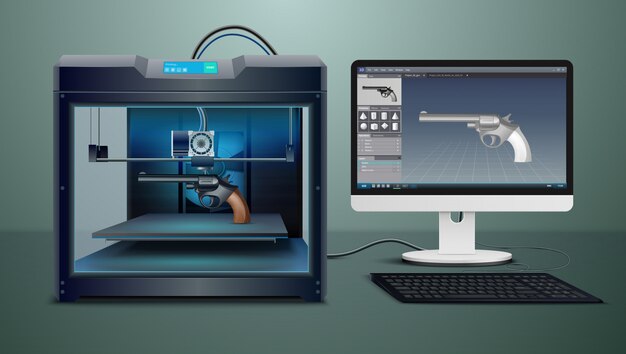Realistic composition with pistol 3d printing process vector illustration