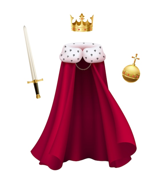 Realistic composition with red king cloak, crown, sword and orb isolated