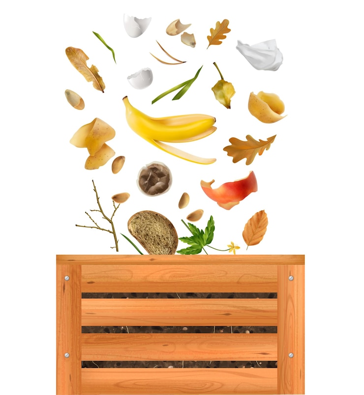 Free Vector realistic compost composition with front view of wooden pallet box with falling vegetable peel dead leaves vector illustration