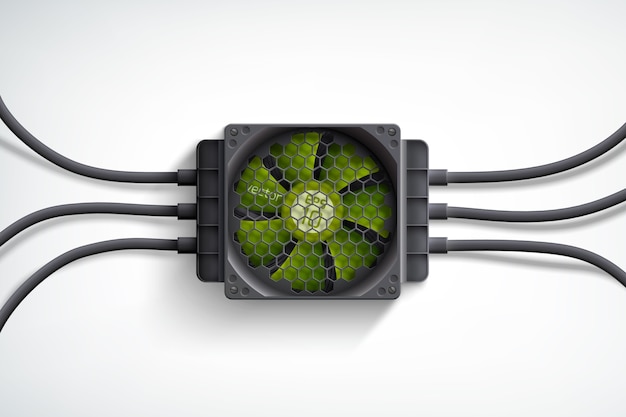 Realistic computer cooler with green fan and black wires design concept on white